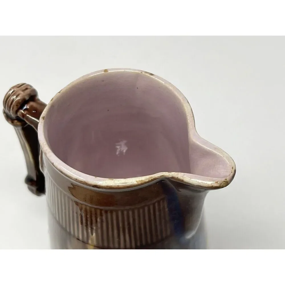 Majolica George Jones Creamer Syrup Pitcher Jug Antique Brown Blue Glaze Pink 5”